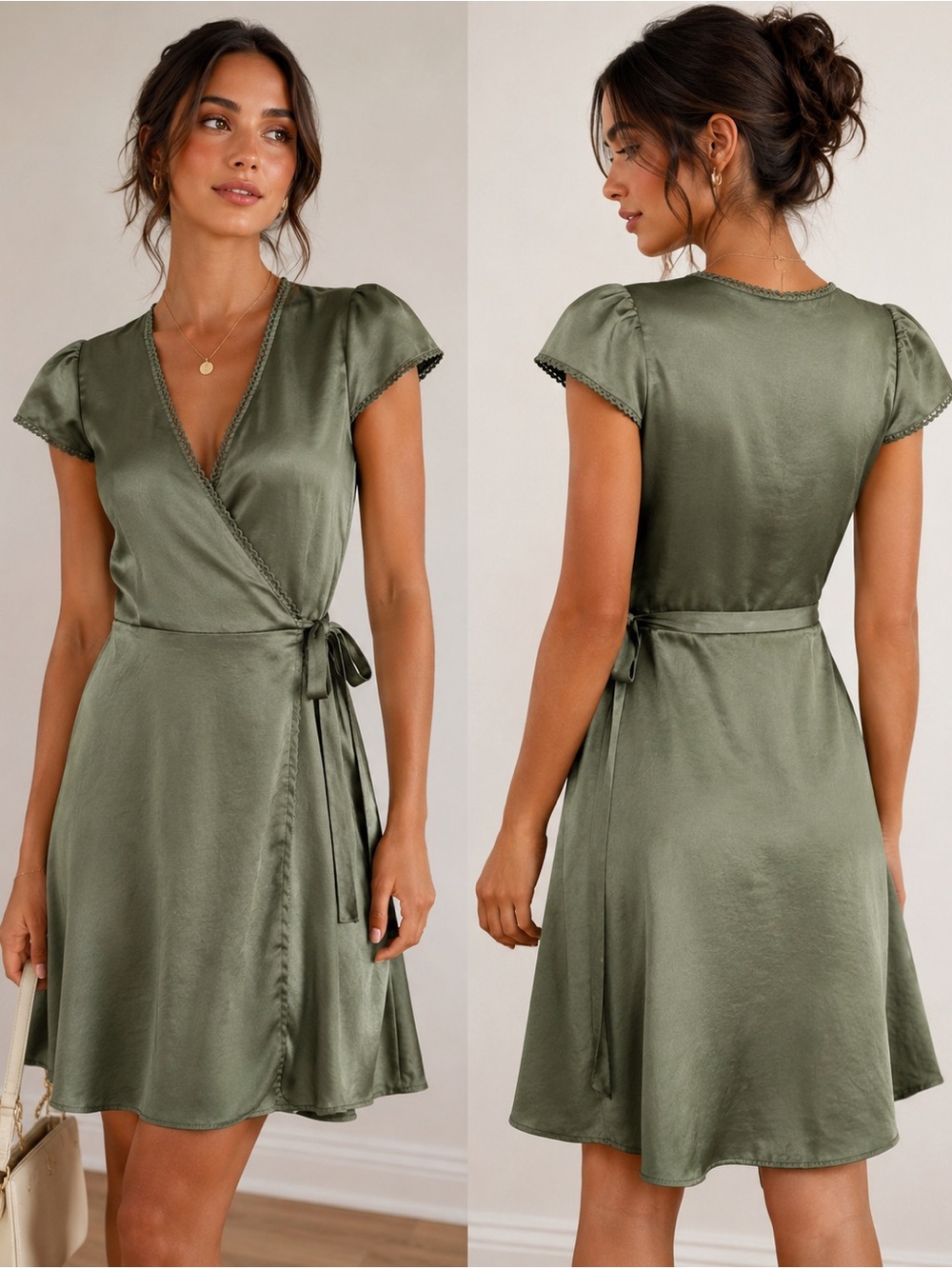 Wilfred by Aritzia Satin Wrap Dress Sage Green Cap Sleeve Tie Waist Mini SZ Med